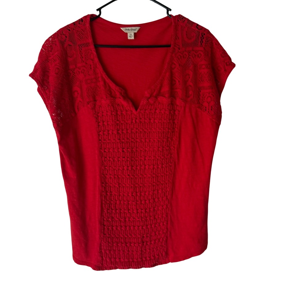 Lucky Brand Red Lace Detail V Neck Cap Sleeve Top Plus‎ Size 1X Boho Peasant